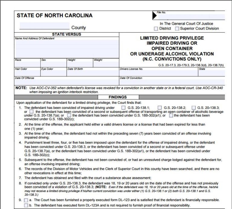 Limited Driving Privilege Nc Form